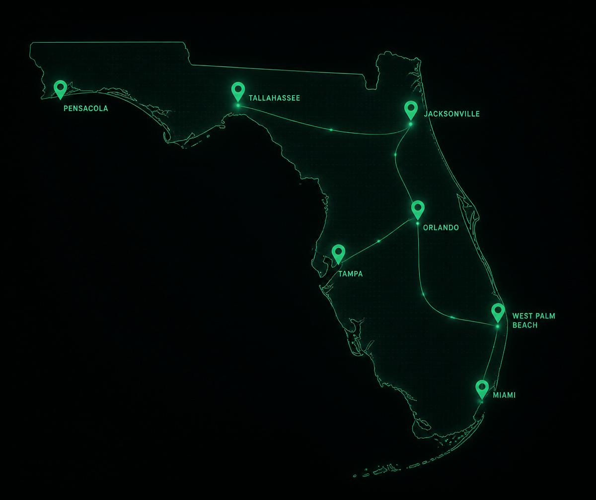 Map of NPG Solutions service coverage across Florida